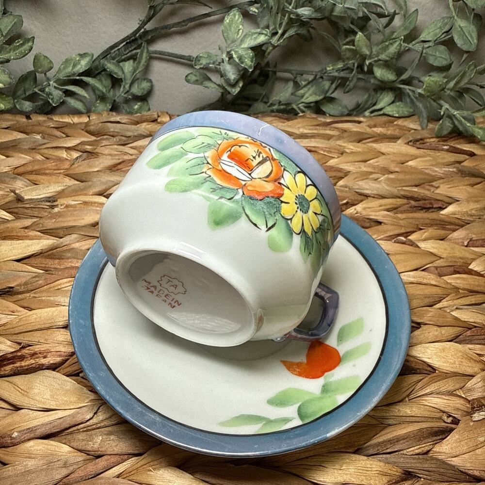 Japanese Lusterware Teacup & Saucer Set Handpainted Blue w/ Flowers Vintage - Picture 12 of 12